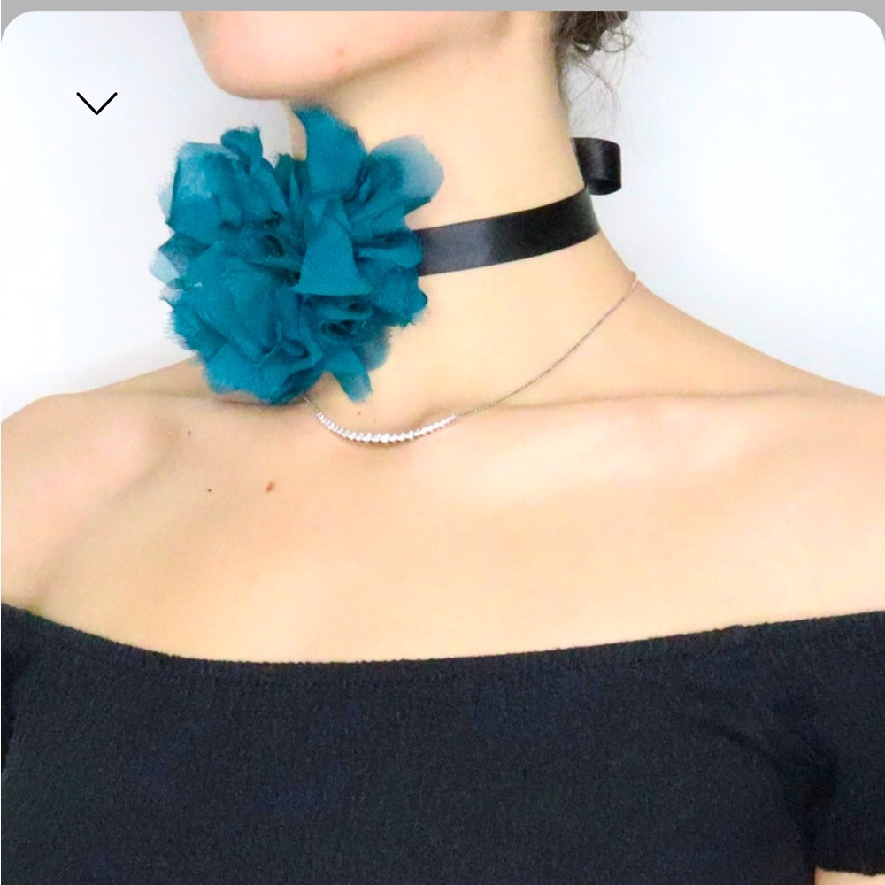 Teal blue flower ribbon choker